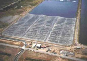 The floating membrane partially covers the lagoons, and is secured at the open end with a cabling system. It can store up to eight hours' accumulation of biogas.