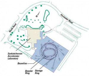 Above: plan of the site. The linear accelerator in the basement of the existing building to the west of the new facilities (in blue) is the "gun" that starts off the process. It sends a stream of electrons through a linear accelerator and then 8 metres up a new transfer tunnel into the main experimental hall.