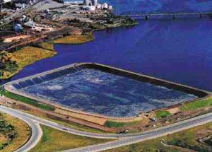 Aerial view of the lagoon with an 8-metre sea wall constructed along the Miramichi River