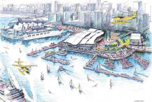 Artist's rendering of a proposed convention centre to be sited to the west of the existing Canada Place on Vancouver's waterfront.