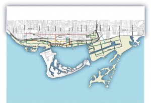 Central Waterfront transit plan (adapted). The black broken line indicates proposed road tunnel, the red broken line is transit priority improvements, and the green line and broken blue line show proposed streetcar rights-of-way. Small artist renderings show (left to right), proposed Lakeshore Boulevard from east; Lakeshore Boulevard from west diverted by Fort York; proposed green corridor from Don River through port lands. All illustrations from Making Waves, copyright City of Toronto.