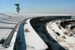 New terminal roof and control tower, with access road bridge on the inside.