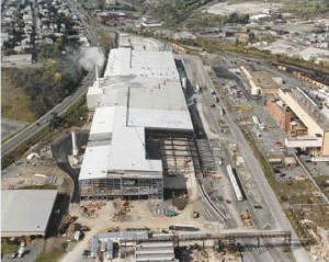 Aerial view of construction project to extend the plant for the new machine. Solvay took over the abandoned industrial site 10 years ago.