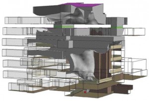 Figure 1: CFD model shows smoke (represented by a grey iso-surface) penetrating into many occupied areas of a building with a complex atrium.