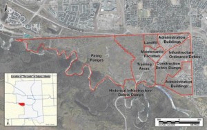 the 380-hectare former military lands had firing ranges, disposal sites and buildings. Inset is the location in Calgary.
