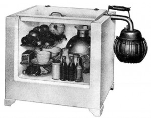 Brochure image of the Icyball in its cabinet; the refrigerator required no electricity.