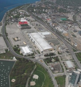 Aerial view of the showgrounds and its many venue buildings. The Direct Energy Centre is the largest exposition hall with the white roof.