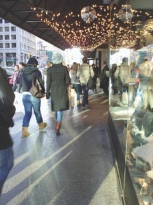Left: shoppers on Bloor Street West, Toronto.
