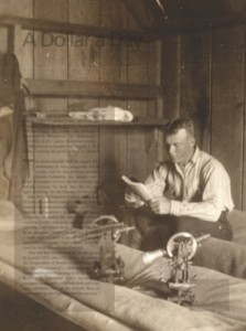 W.G. McElhanney working on field notes during the 124th meridian surveys for the B.C. Government in 1912.