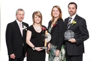 Celebrating at the AICQ awards in Montreal, April 1 (left to right): Rosaire Sauriol of Dessau, president of AICQ; Julie Archambault of CIMA+ , Nadine Paquette of CIMA+, Jacques Henry of Transports Qubec. Julie Archambault won the Emerging Consulting Engineering Professional Award.