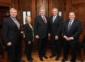 Left to right: John Gamble, President of ACEC, Susie Grynol, Vice-President of ACEC, Prime Minister Stephen Harper,  Herb Kuehne , Chair of ACEC, and James Rajotte, MP, Chair of the Finance Committee, at a meeting in Ottawa on February 1.