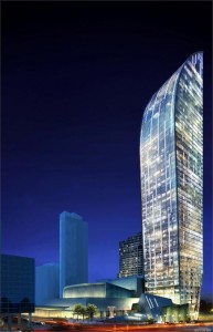 Architecture rendering of the L-Tower under construction in downtown Toronto beside the Sony Centre for the Arts. Image courtesy Studio Daniel Libeskind, (c) SDL.