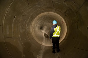 A worker does a final walk-through check of the Coxwell Sanitary Trunk Sewer bypass days before it was put into service in February. Photo courtesy City of Toronto.