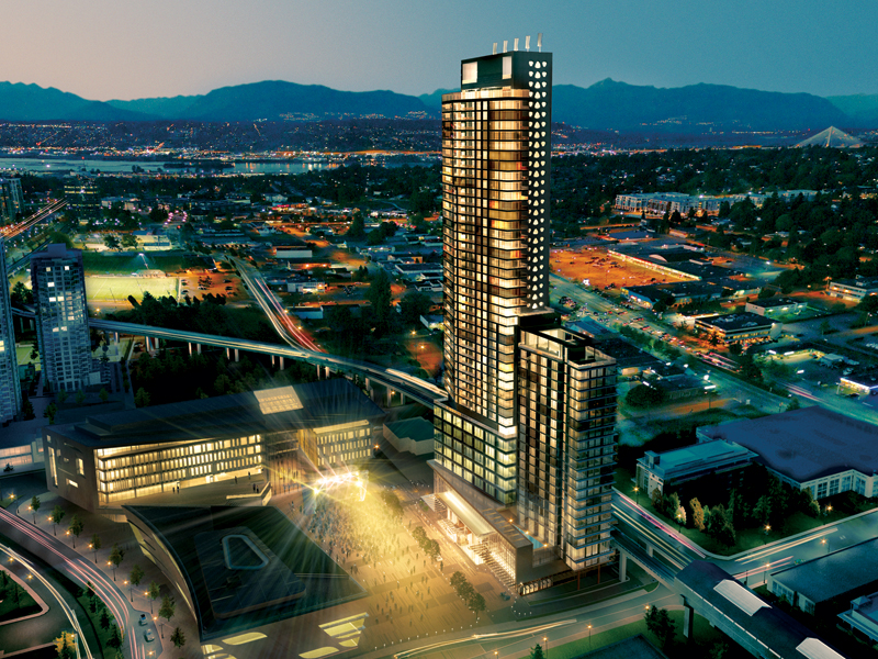 Rendering of the Civic 3 Plaza (at right in photo), in Surrey, B.C. Rendering by Cotter Architects with artwork by Vividus and Dead Famous.