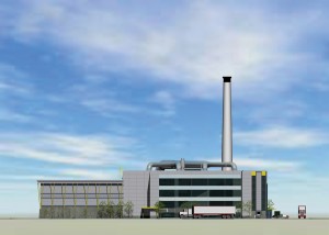 Architectural rendering of the 25-MW Index Energy biomass cogeneration plant in Ajax.  Image:  J.R. Freethy, architect.