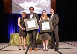 Dorothy Williams (far left) and Leon Botham (far right) present the Allen D. Williams Scholarship Award to co-winners Simon Davidson of Roche (second from left) and Selena Wilson of McElhanney (second from right) at the ACEC Summit in Lake Louise, Alberta on June 21.