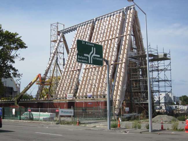 Cardboard cathedral in Christchurch, New Zealand under construction.