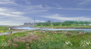 Artist's view of the naturalization of the Don River mouth on Lake Ontario. Image from Waterfront Toronto, Michael Van Valkenburgh Associates.