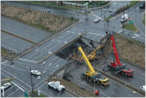 Aerial view of the de la Concorde overpass partial collapse onto Highway 19 (Photo: Original Commissioner's investigative report and the Ohio Department of Transportation)